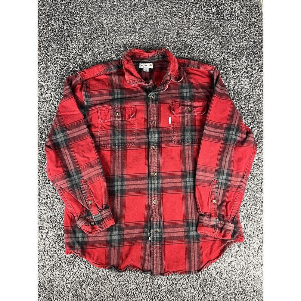 Carhartt Plaid Mens Shirt XL Flannel Button Up Heavy Duty Red Black